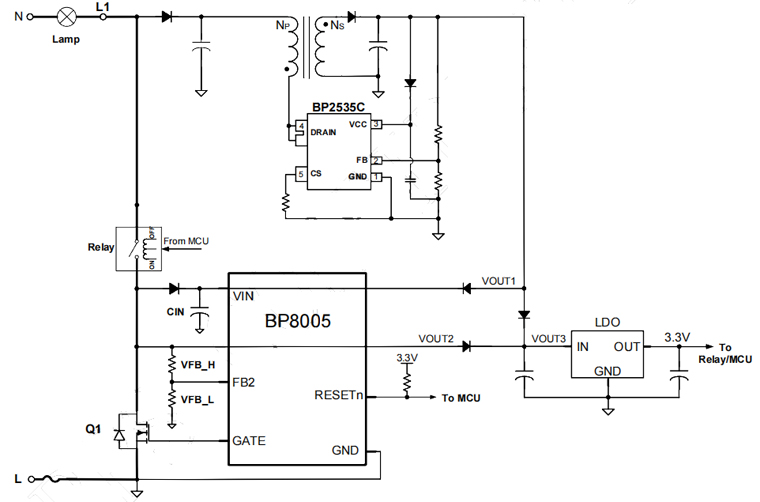 单火线智能面板电源芯片BP8005典型应用电路