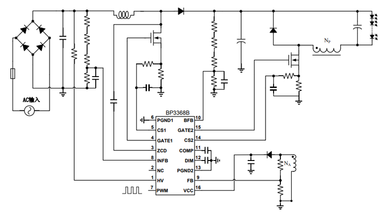 BP3368B芯片PWM调光电路原理图