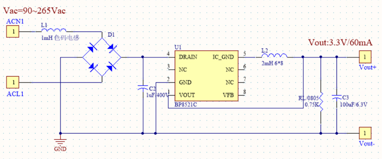 BP8521C典型应用原理图电路3.3V60mA