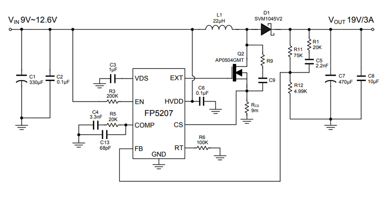 FP5207 9V-12.6V升压至19V3A电路图