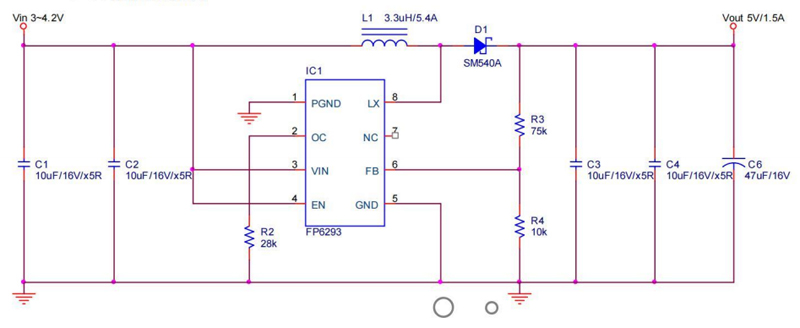 FP6293输入3-4.2V升压5V1.5A电路图