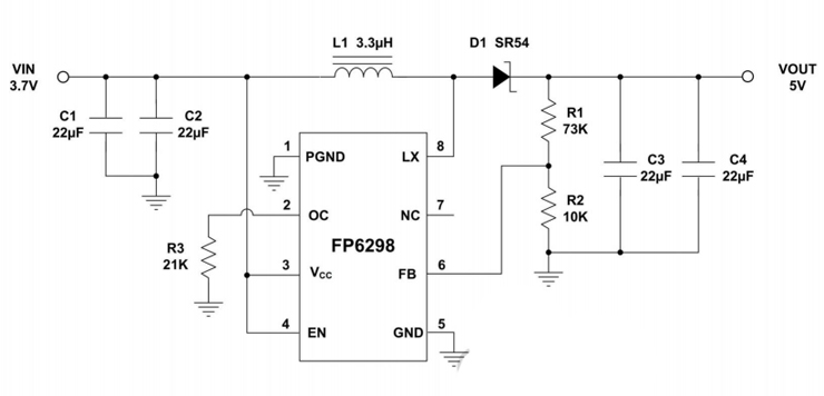 FP6298芯片3.7v升压5v实用电路