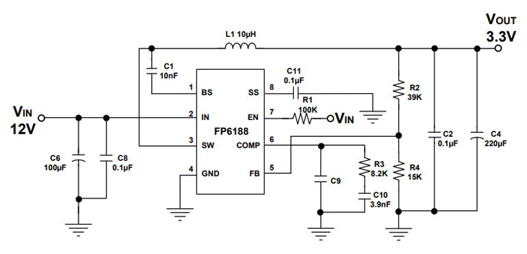 FP6188降压芯片12v输入3.3V输出电路图