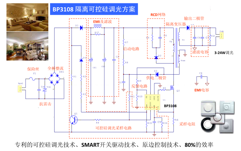 BP3108隔离可控硅调光方案电路图