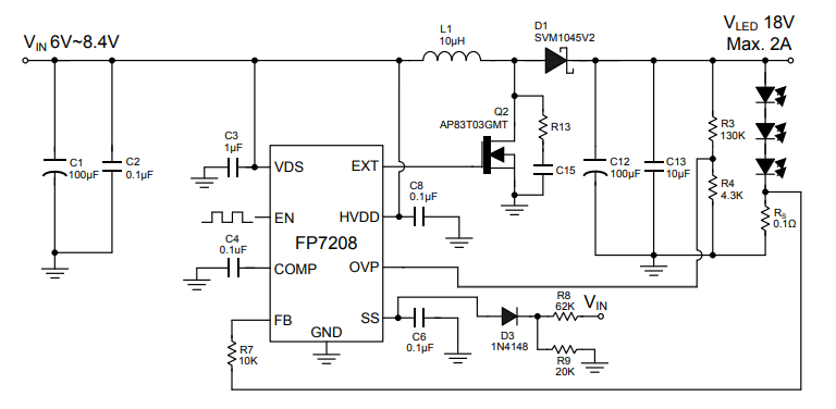 FP7208 6-8.4V升压18V2A实用电路