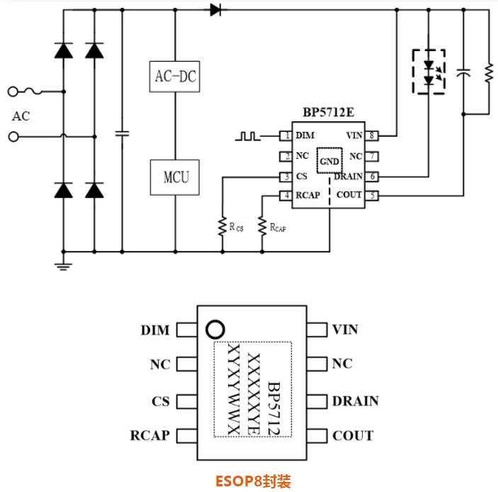 BP5712E线性调光芯片的电路图及引脚封装图