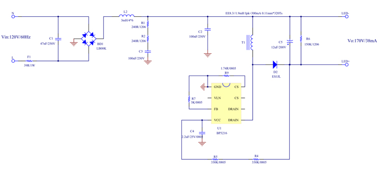 bp3216灯丝灯调光典型应用方案原理图
