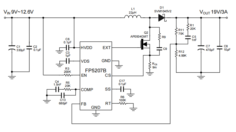FP5207B 9v-12.6v升压至19V3A实用电路图