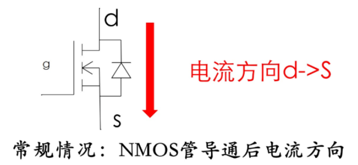 NMOS管导通后电流方向示意图