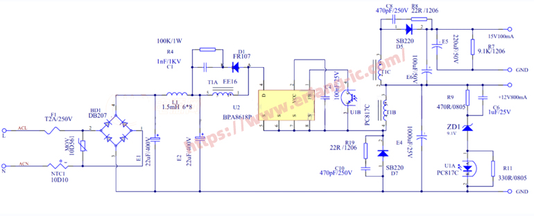 空调外机非隔离简单电源方案BPA8618P（电路图 BOM）
