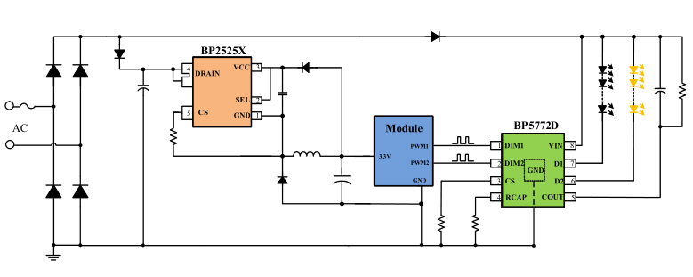 ERP双路线性PWM调光调色方案-BP5772D+BP2525