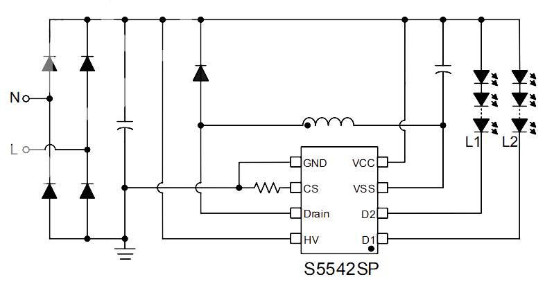 开关调色温控制芯片S5542SP典型应用电路