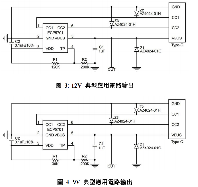 取电sink芯片ECP5701 9v/12v/15v/20v典型应用电路输出；