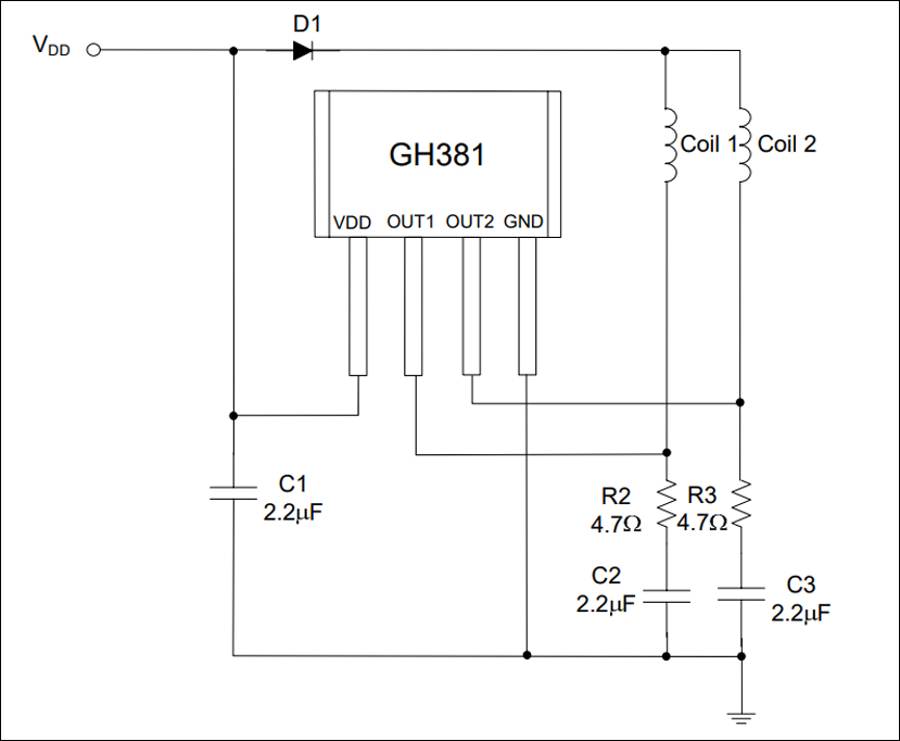 双线圈驱动4脚霍尔GH381典型应用电路